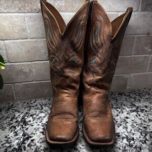 Nacona Women's Bluebonnet Square Toe Boots Tan W/ Turquoise  8.5B Cowgirl